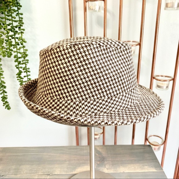 Houndstooth Wool Fedora Hat Brown & Cream - Picture 4 of 8